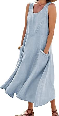 Women Summer Cotton Linen Tank Dress Sleeveless Loose Crew Neck Maxi