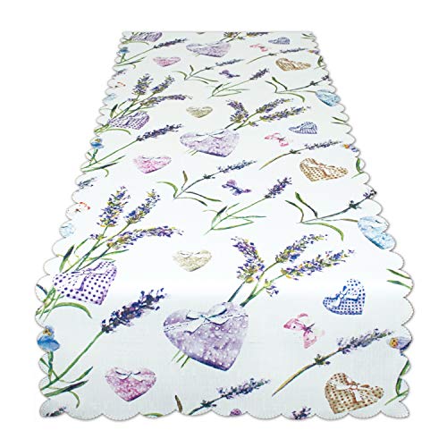 Chemin de table lavande et cœurs, blanc, 40 x 140 cm, nappe pour printemps et été