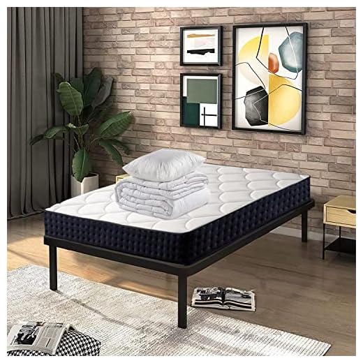 IZTOSS Lit Simple 90x190 cm Noir et Blanc avec Matelas en Mousse à Mémoire de Forme, Sommier en Bois, Couette 140x200 cm et Oreiller 60x60 cm (Ensemble Matelas et Sommier et Couette et Oreiller)