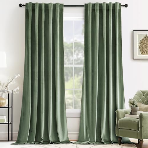 Image of MIULEE Sage Green Velvet Curtains 52x108 inches Luxury Blackout Curtains | Thermal Insulated, Super Soft Window Drapes for Bedroom Living Room, Rod Pocket & Back Tab