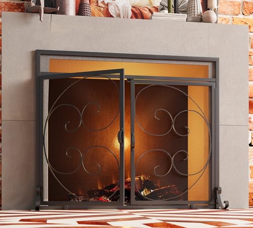 Image of Fire Beauty Wrought Iron Fireplace Screen with Magnetic Double Doors Black