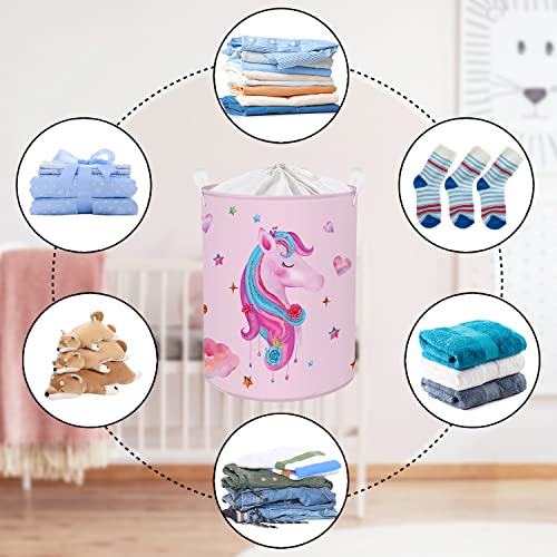 Clastyle 45L Pink Unicorn Kids Laundry Hamper Adorable Collapsible Laundry Basket With Drawstring Waterproof Toys Storage Basket With Handle, 14 * 17.7 In #TOP5