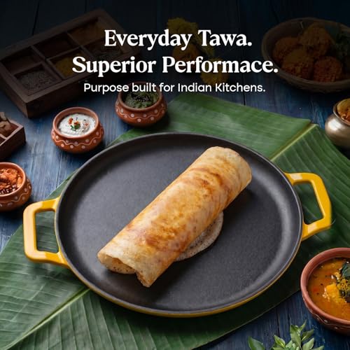 Image of CUMIN CO. Cast Iron Non Stick Dosa Tawa 30 cm | Induction Base Cookware | 10 Year Warranty | Chemical Free Coating | Non Toxic Tawa for Dosa /Chilla | Free Accessories | No Seasoning Needed | Mustard