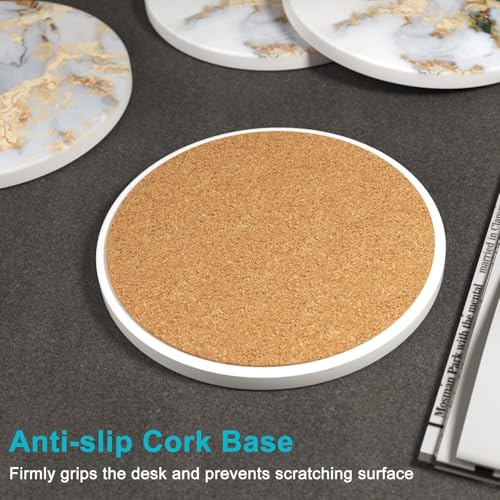 Image of Coasters for Drinks, Set of 6 Cute Absorbent Ceramic Drink Coasters for Cup with Holder and Cork Base, Kitchen Home Decor Housewarming Gift, Round 4 in, White Gray Gold