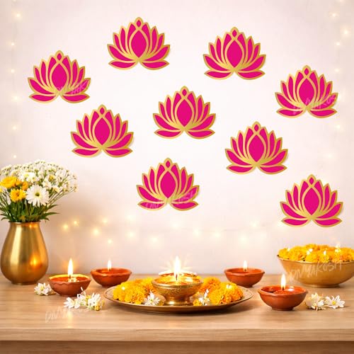 Image of Divyakosh Pink Lotus Wall Stickers for Wall Decor (12 Pieces, 3x3.5 Inch) | Peel & Stick Lotus Stickers for Home & Festive Decor | Puja Backdrop Decoration, Mandap, Temple Decor