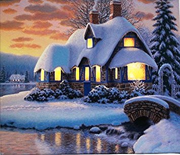 Lightahead 12x14 inch Wooden Framed Painting Wall Art with Fiber Optic Blinking Lights Great Christmas Decoration & Gifts (Cottage Next to River)