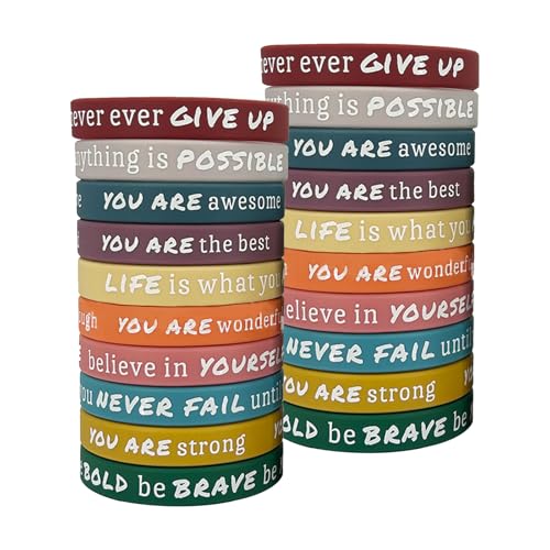 Ferizzia 20 Pièces Bracelets de Motivation, Bracelets en Silicone de Motivation 10 Couleurs, Bandes de Sport avc Citation Inspirante, Messages Positifs, Cadeau pour Collègues, Adolescents, Enfants