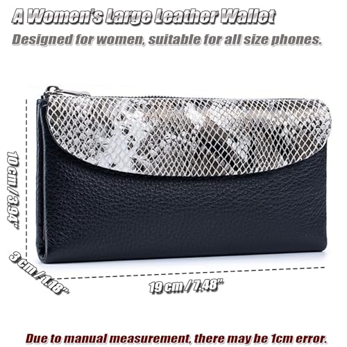 Genuine Leather Large Tri-Fold Wallet for Women - Designer Snake Print Purse, RFID Blocking Credit Card Holder, Holds 10+ Cards & Smartphone (6.1") - Black3