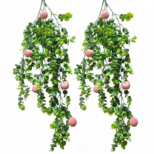 Image of Dekorly 2 Pack Artificial Plants Artificial Hanging Plants Faux Eucalyptus Leaf Greenery Fake Hanging Eucalyptus Plant (Green) (2, Peach Vine)