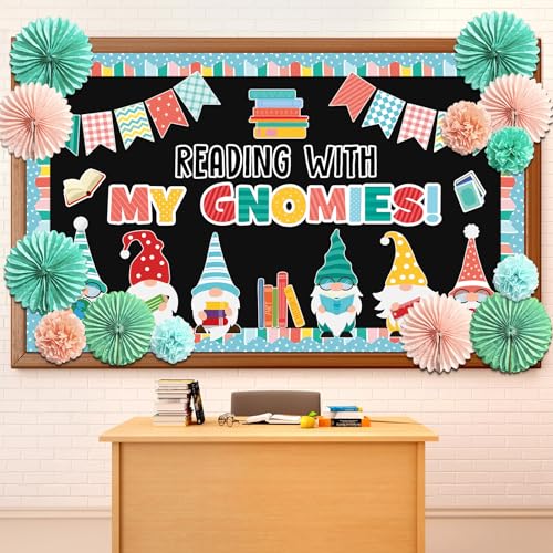 Tableau d'affichage gnomes de rentrée avec livres et fleurs