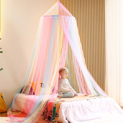 POFIBO Moskitonetz für Bett, Himmelbett Vorhänge Mädchen Regenbogen Bettvorhang Großes Betthimmel Mückennetz Moskitoschutz Fliegennetz Bett Baldachin Kinderbett für Kinderzimmer Camping Reise