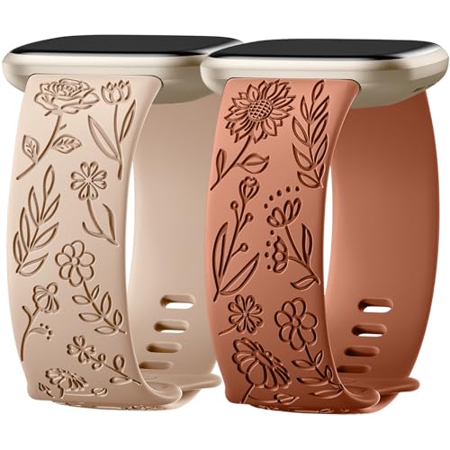 SNBLK 2 Pack Engraved Bands Only Compatible with Fitbit Versa 3/Fitbit Sense/Fitbit Versa 4/Fitbit Sense 2 Bands Four Models, Sunflower Rose Elegant Soft TPU Floral Pattern Replacement Strap