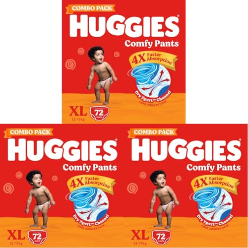 Image of Huggies Comfy Pants Baby Diaper, Extra Large (XL) Size (12-17 Kgs), Pack of 216 (24 Count, Pack of 3)