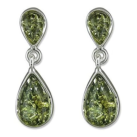 Petite Teardrop Baltic Green Amber 925 Sterling Silver Earrings for Women/Ladies/Girls - Fancy Dangly/Dangle Drop Stud Earrings - Amber Jewellery for Women. 070464 Cover