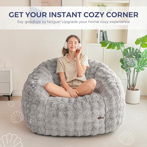 Image of MAXYOYO Giant Bean Bag Chair for Adults, Stuffed Shell-Shaped Large Bean Bag Couch, Cozy Living Room Chair with Filler, Floor Sofa Lazy Sofa for Bedroom Living Room, Grey