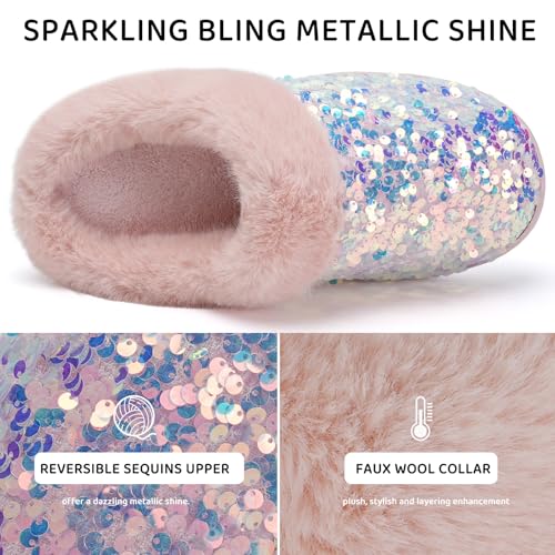 WateLves Women's Sequin Sparkle Fuzzy Slippers Slip-on Mules Memory Foam Indoor House Shoes Fluffy Slides Comfortable Christmas Holiday Gift for Her (Sequin Pink, 38/39) - image 2
