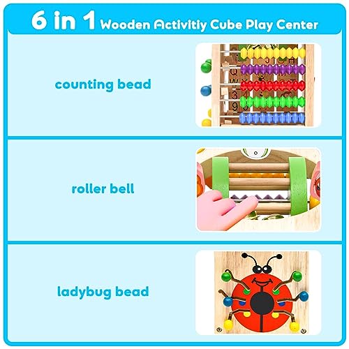 Motorikwürfel Montessori Holzspielzeug für Kinder Holz-Aktivitätswürfel Montessori-Spiele Vorschulerziehung Abakus Perlenring Spielzeug für Einjähriges Mädchen Junge