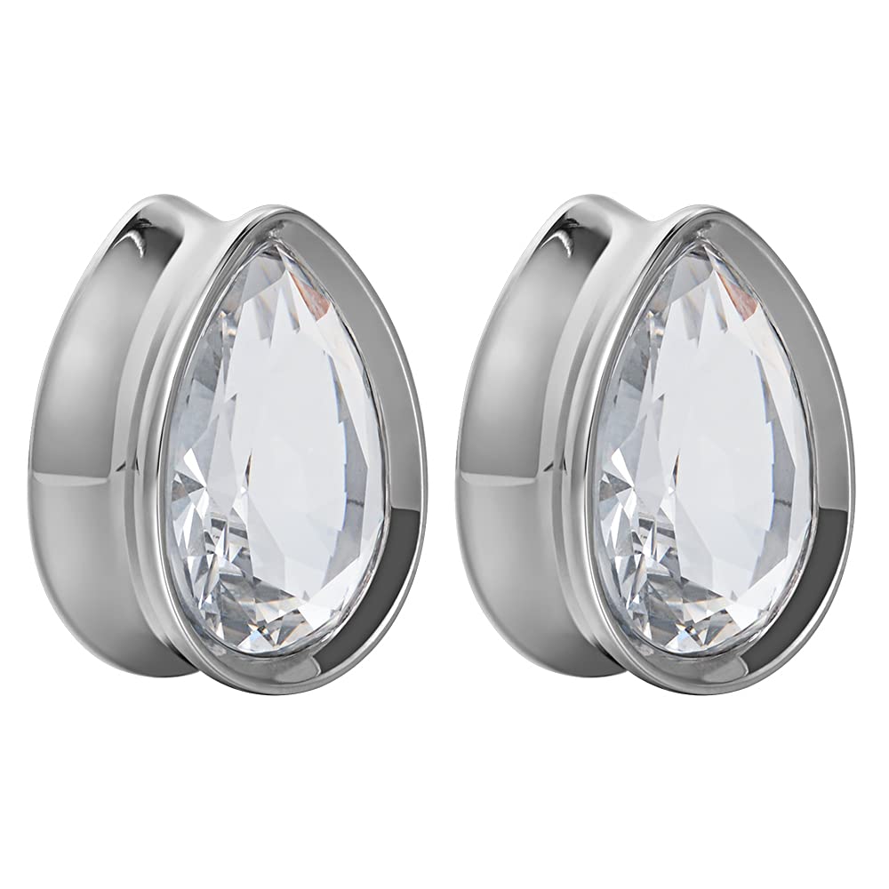 PUNKYOUTH Surgical Steel Teardrop Zircon Double Flared Ear Tunnels and Plugs Stretcher Expander Sold As Pair Gauge 8mm-25mm
