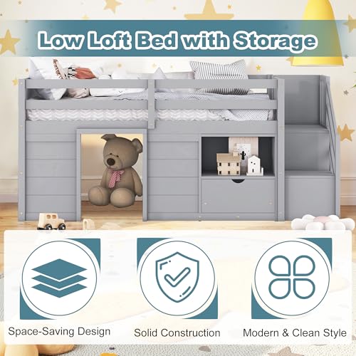 Okak Twin Size Low Loft Bed with Playhouse Loft Bed Frame with Drawer, Shelf,Stairs and Safety Guardrail for Teens, Girls or Boys Loft, Strong Wood Slats Support,Gray