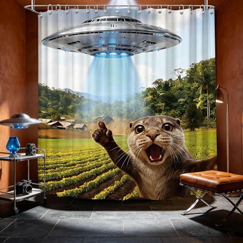 Image of Extra Long 108x72 Inchs Shower Curtain Extra Tall Funny Otter XL Fun UFO Shower Curtains for Large Bathroom Decor Sets, Waterproof Cloth Fabric with Hooks