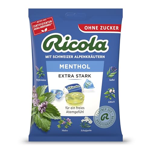 Ricola EXTRA STARK Menthol, 75g Beutel Original Schweizer Kräuter-Bonbons mit 13 Alpenkräutern & natürlichem Menthol, zuckerfrei, 1 x 75g, vegan