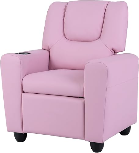 LDAILY Silla reclinable para niños, de piel sintética, con soporte para tazas, reposapiés ajustable, sofá ergonómico para niños y niñas, sala de