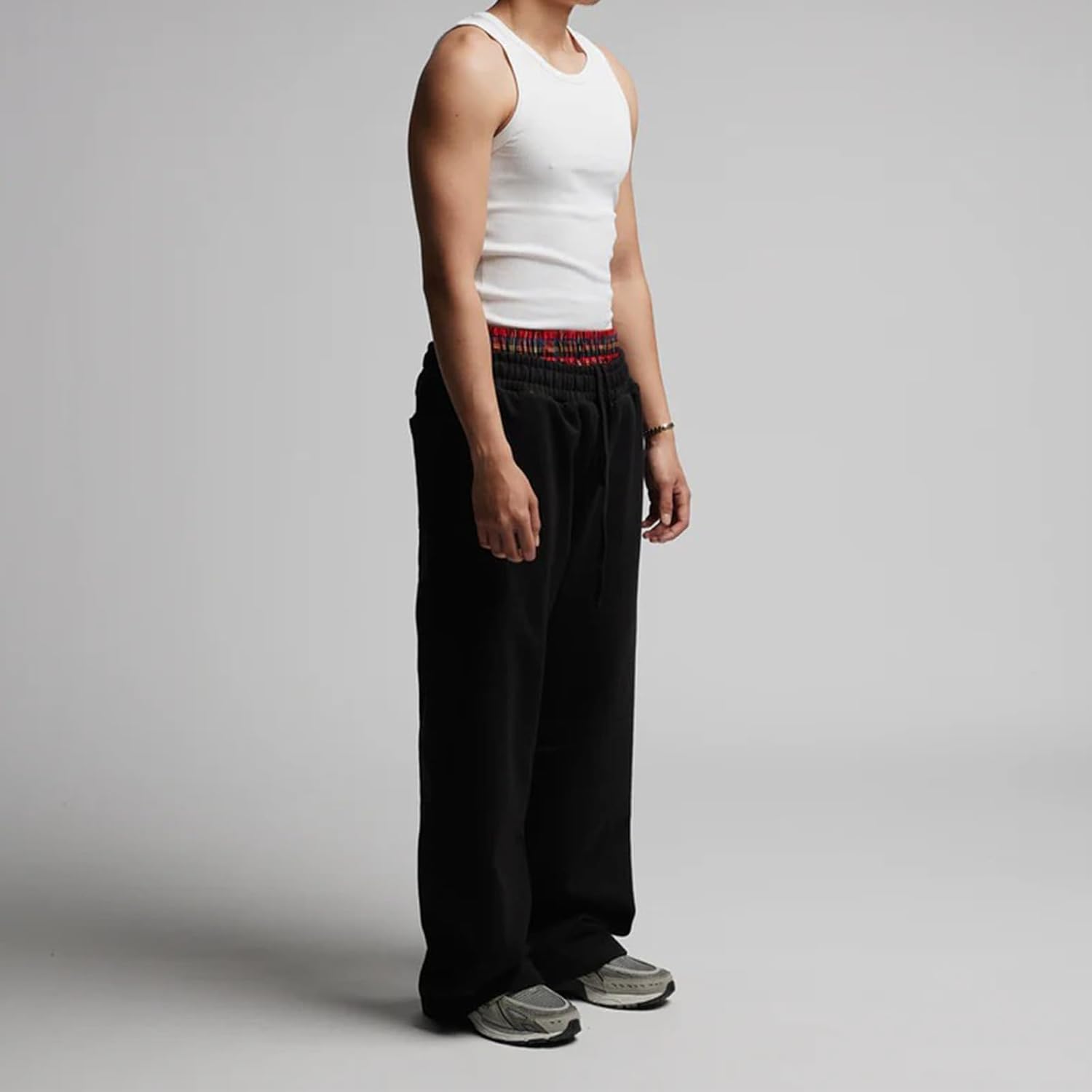 Double Waisted Sweatpants Men Y2K Plaid Double Waist Sweats Elastic Waisted Drawstring Baggy Loungewear Sweatpants