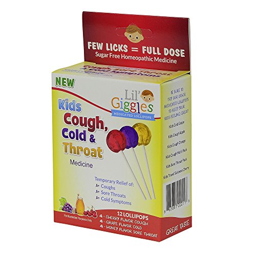 Lil' Giggles Kid's Cough, Cold & Throat Medicated Lollipops Variety Pack - For Children’s Persistent Cough, Cold And Sore Throat. Homeopathic Remedy. The Medicine Kid’s Will Love To Take. 12 Ct #TOP2