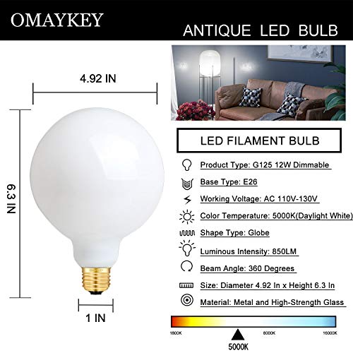12W Dimmable Large Led Globe Bulb 5000K Daylight White, 85W Equivalent 850 Lumen, E26 Medium Base, Vintage Edison G125 Large Globe Milky White Glass Led Filament Light Bulb, Deep Dimming Version #TOP2