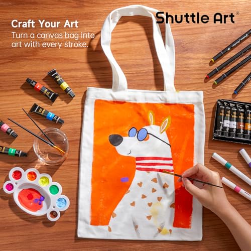 Shuttle Art Textilfarbe waschmaschinenfest, 15 x 12ml Stoffmalfarben waschfest in Tube mit 3 Pinseln, wasserfeste Stofffarben für Erwachsene, Kinder zum Malen und Färben auf T-Shirt, Schuhe, Jeans