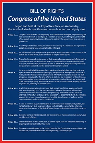 Bill Of Rights Of The United States America Historical Document Readable Blue Color Historical American Patriotic Cool Wall Art Print Poster 12x18