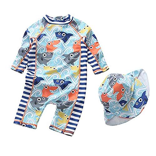 Sun Protective Baby Boys Swimsuit Toddlers One Piece Swimwear with Hat Rash Guard UPF 50+ (Shark, 1-2T)