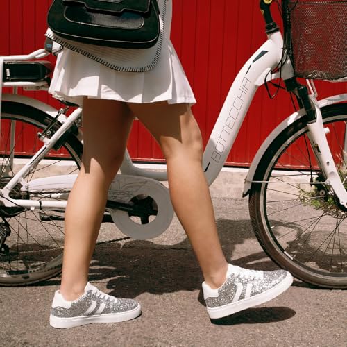 Image of Suokdil Sparkle Rhinestone Sneakers for Women - Bling Fashion Bedazzled Platform Tennis Shoes - White Glitter Sequin Wedding and Party Shoe