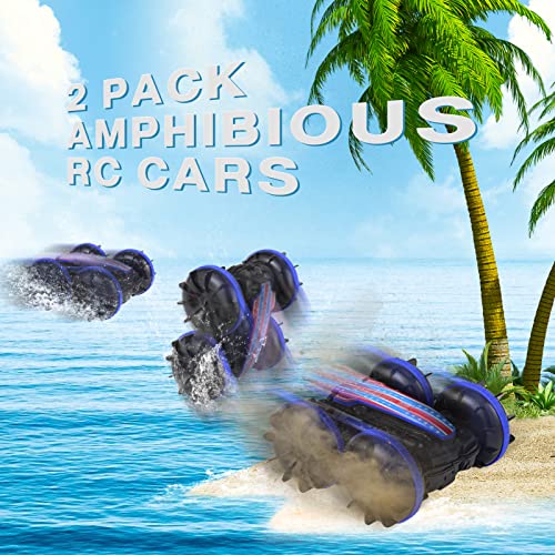 Funslane 2 Pack Amphibious Remote Control Car Toys For 5-12 Year Old Boys Kids, Remote Control Boat Waterproof Rc Monster Stunt Truck, 2.4 Ghz 4Wd Vehicle Girls Gifts All Terrain Water Beach Pool Toy #TOP2