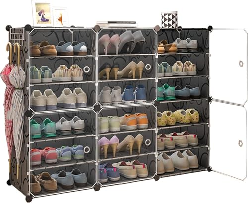Image of Shoe Rack Multipurpose 5 Shelves Shoe Rack with Zip Door Cover & Side Pockets, Multiuse Wide Shelve,Rack for Footwear, Toys, Clothes (Black, 18-Layer)