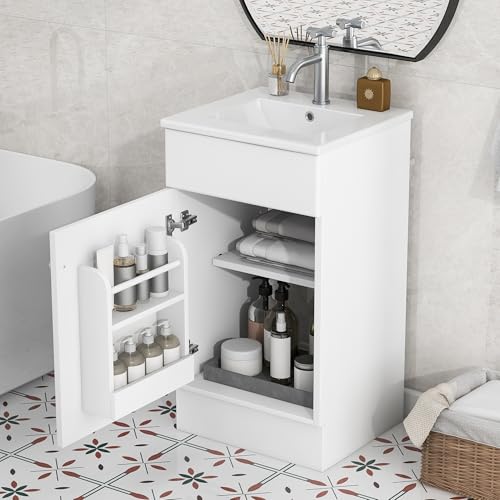 Guxeei 18-inch Bathroom Vanity Sink Combo Free-Standing Single Storage Cabinet with Adjustable Shelf & Storage Rack Wooden Set with Ceramic Basin for Bathroom (White)
