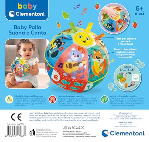Clementoni Baby Baby Palla Suona E Canta, Gioco Elettronico Per Bambini 6+ Mesi, Con Suoni E Dolci Melodie, In Morbida Stoffa, Stimola Manualità, Tatto E Motricità, Lingua Italiana, 17983 - 3