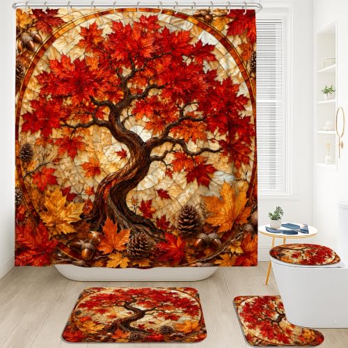 Rideau de douche automne imperméable en polyester 183x183 avec tapis - 3