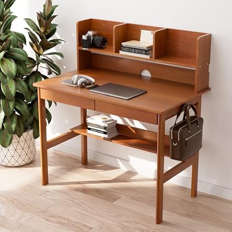 ENPKLUTE Solid Wooden Desk with Drawers & Shelves - 39 Inch Mid Century Modern Desk, Computer Desk with Hutch, Vintage Desk with Bookshelf & 2 Hooks, Mid Century Desk for Bedroom&Home, Dark Wood Color Cover