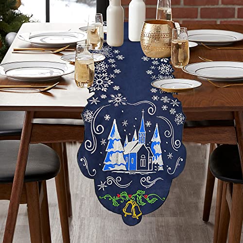 Winter Christmas Table Runner Embroidered, Blue Christmas Kitchen Table Decorations, Snowflake Winter Holiday Xmas White Blue Christmas Table Decor For Home Dining Room Parties, 13X67 Inch #TOP5