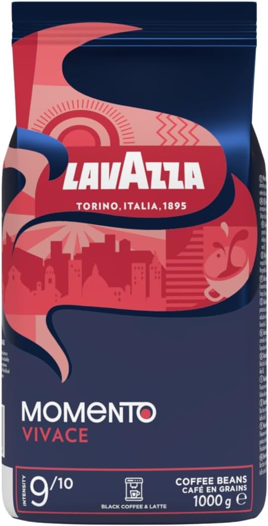 Lavazza, Momento Vivace, Café en Grains 1 kg, Idéal pour les Machines à Café Automatiques, avec Notes Épicées, Arabica et Robusta, Intensité 9/​10, Torréfaction Foncée