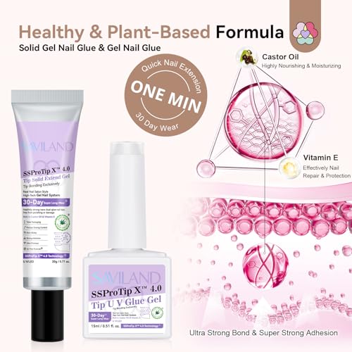 Image of SAVILAND Gel Nail X Kit: 30 Days Wear Nails Press Ons Brown Medium Coffin French Tip Press On Nails 256 Pcs Strong Nail Glue for Press Ons U V Light Electric Nail File Nail Art Tools for Beginners