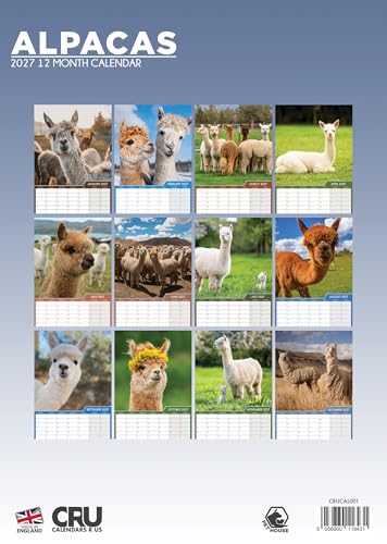 Calendario A3 2027 de Alpacas para pared con espiral espacioso 2
