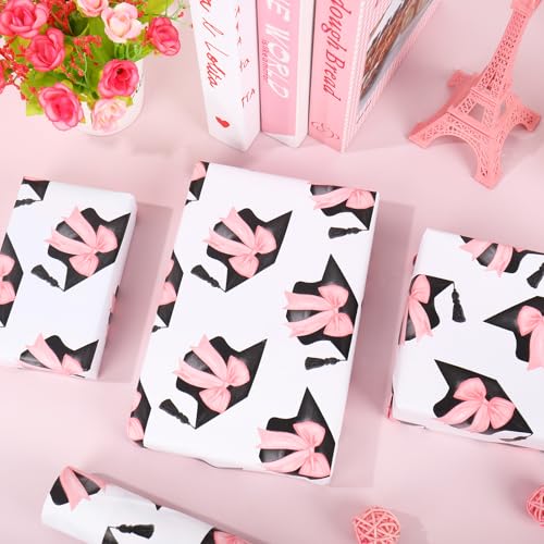 JarThenaAMCS Graduation Wrapping Paper -Mini Roll- 17In x 32.8Ft Pink Bow Black Graduation Cap Gift Wrap Craft Paper for Girl Birthday Congrats Grad Party Packing Supplies — view 3