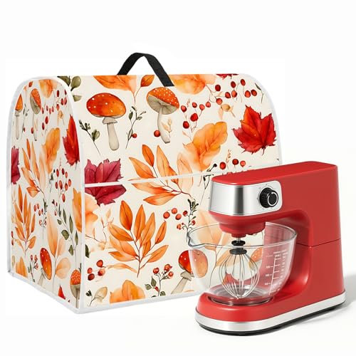 Image of Kitchen Dust Cover Compatible with 4.5 5 6 8 quart Stand Mixer, Kitchen Appliance Protective Covers with Top Handle and Pocket (Leaf Mushrooms, For All 6-8 qt Mixer)