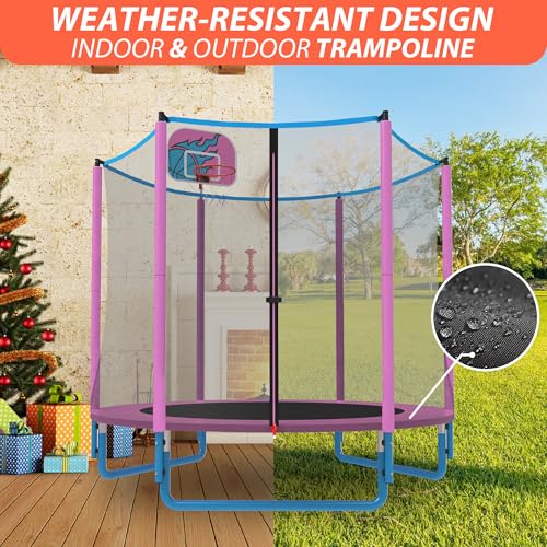 66'' Mini Trampoline for Kids with Enclosure & Basketball Hoop, 5.5FT No-Gap Toddler Trampoline for Indoor & Outdoor Use, 600LBS Capacity, Ideal Gift for Boys & Girls