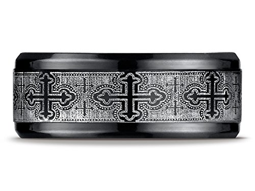 Black Titanium 9mm Comfort-Fit Cathedral Cross Design Wedding Band/Ring2