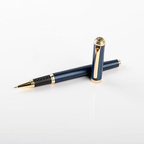 Miniatura 2 de Bolígrafo de punta redonda azul de lujo con borde de oro real de 24 quilates, punta suiza para escribir suave, bonito juego de regalo para hombres y