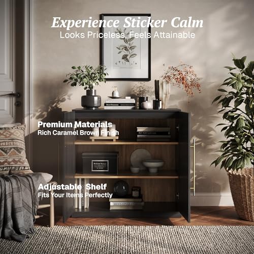 Image of BELLEZE Modular Sideboard with Double-Arc Wood Doors, Small Arched Buffet Cabinet with Storage and Adjustable Shelves, Classic Modern Credenza for Living Room, Kitchen, or Entryway (Ebony)
