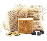 PAOS Original Aleppo Seife Set, 60% Olivenöl 40% Lorbeeröl Seife inkl. Sisal Seifensäckchen + gratis Reisebeutel, ca.200g, Handmade, Vegan, Naturprodukt, Haarseife, Duschseife, Original Rezeptur